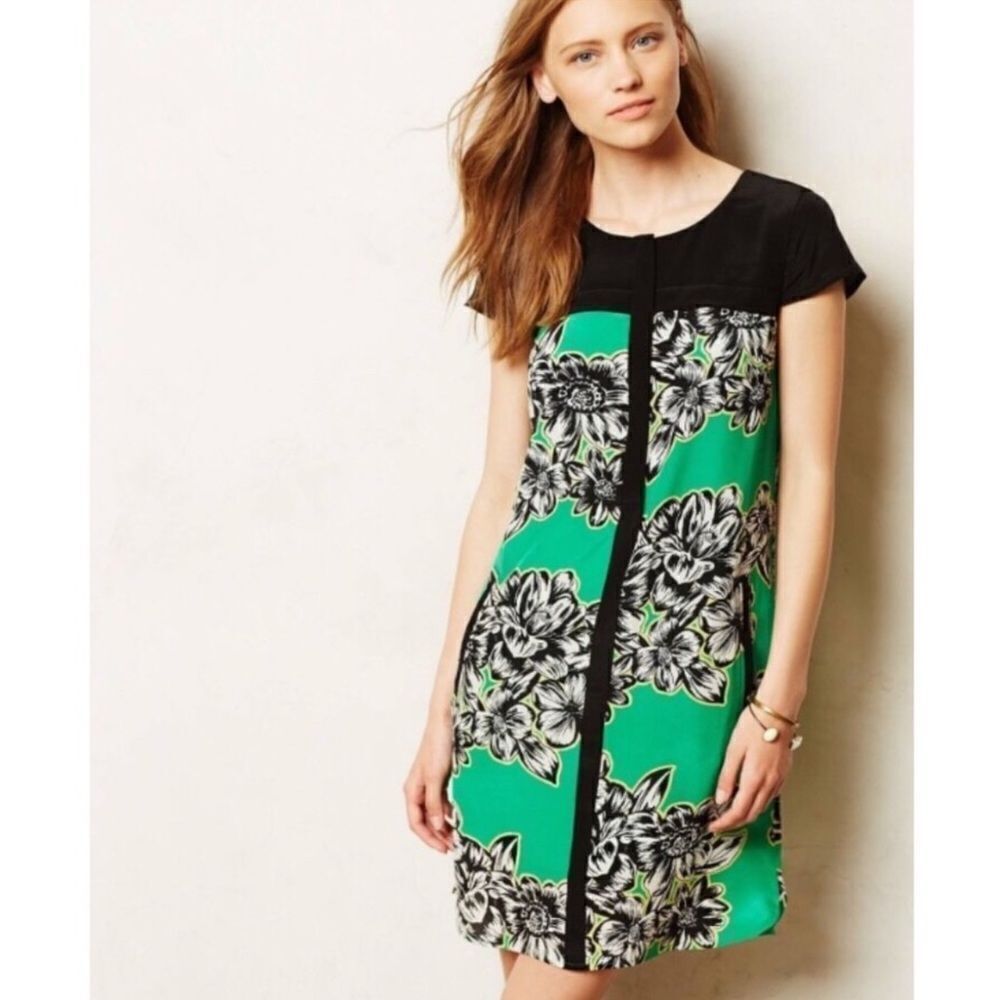 Anthropologie Maeve Ayame 100% Silk Floral Front Zip Mod Sheath Mini Dress Sz 0